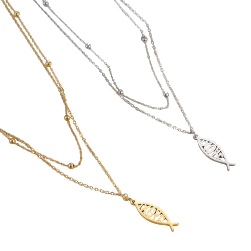 Schmuck Neue 2025 Ankunft Christian Jesus Fisch Anhänger Halsketten für Frauen doppelte Schicht rostfreie Griechisch ιχθυς Christian Religiöses Geschenk mit für Sie Accessoires Trendy Creative Gift von CWZZWS