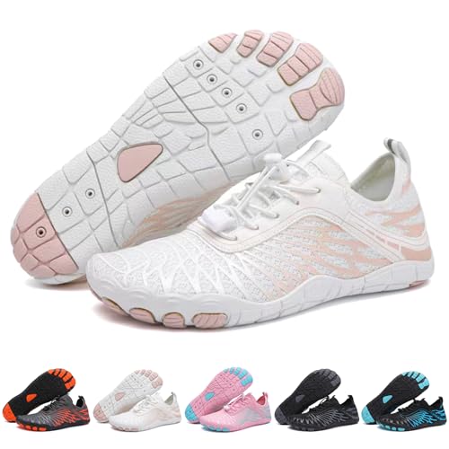 CXINLky Barfußschuhe Damen Herren Barfussschuhe, Weich Leicht Wasserschuhe, rutschfest Schnell Trocknend Badeschuhe, Fitnessschuhe Barfuß Laufschuhe-Weiß||38 von CXINLky