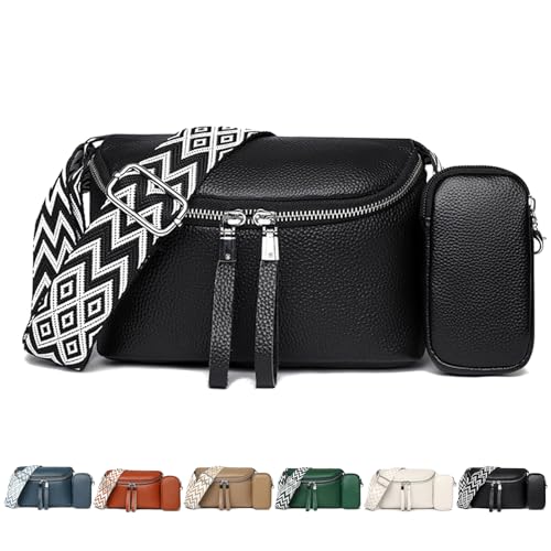 CXINLky Bauchtasche Damen Klein Umhängetasche mit Breiter Gurt Gürteltasche und Klein Geldbörse, Leder Crossbody Bag Handtasche -Schwarz von CXINLky