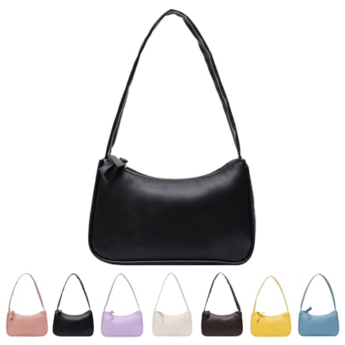 CXINLky Damen Handtaschen Schultertasche, Y2K Achsel Tasche Nylon Hobos Tasche Klein PU Tasche Handtaschen Schultertasche mit Reißverschluss-Schwarz von CXINLky