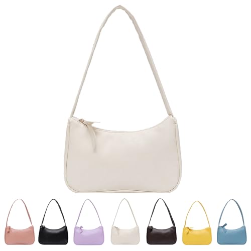CXINLky Damen Handtaschen Schultertasche, Y2K Achsel Tasche Nylon Hobos Tasche Klein PU Tasche Handtaschen Schultertasche mit Reißverschluss-Weiß von CXINLky