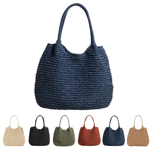 CXINLky Damen Sommer-Strohtasche, Sommer Stroh Shopper Strohtasche Große Kapazität Strandtasche Boho Geflochtene Tasche Korbtasche Tote Bag Straw Beach Bag-Blau von CXINLky