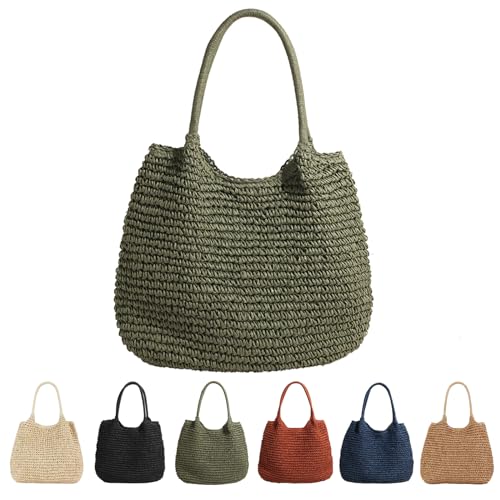 CXINLky Damen Sommer-Strohtasche, Sommer Stroh Shopper Strohtasche Große Kapazität Strandtasche Boho Geflochtene Tasche Korbtasche Tote Bag Straw Beach Bag-Grün von CXINLky