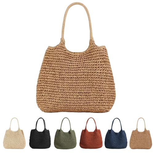 CXINLky Damen Sommer-Strohtasche, Sommer Stroh Shopper Strohtasche Große Kapazität Strandtasche Boho Geflochtene Tasche Korbtasche Tote Bag Straw Beach Bag-Khaki von CXINLky