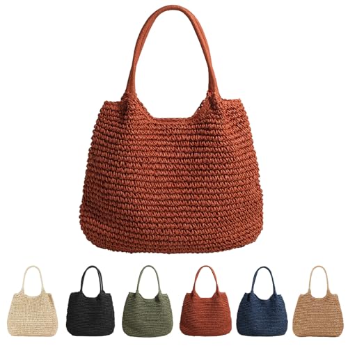 CXINLky Damen Sommer-Strohtasche, Sommer Stroh Shopper Strohtasche Große Kapazität Strandtasche Boho Geflochtene Tasche Korbtasche Tote Bag Straw Beach Bag-Orange von CXINLky