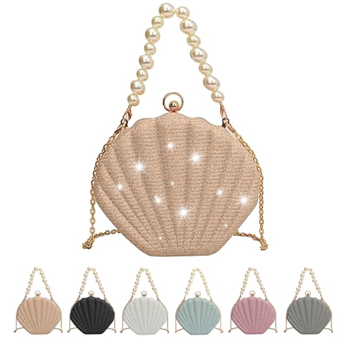 CXINLky Muscheltasche, Tasche Pailletten, Muschel Tasche Damen, Tasche Glitzer Schöne Shell Perle Crossbody Schulter Glänzend Abendtasche, Perle Shell Handtasche, Glitzer Tasche-B-Gold von CXINLky