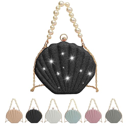 CXINLky Muscheltasche, Tasche Pailletten, Muschel Tasche Damen, Tasche Glitzer Schöne Shell Perle Crossbody Schulter Glänzend Abendtasche, Perle Shell Handtasche, Glitzer Tasche-B-Schwarz von CXINLky
