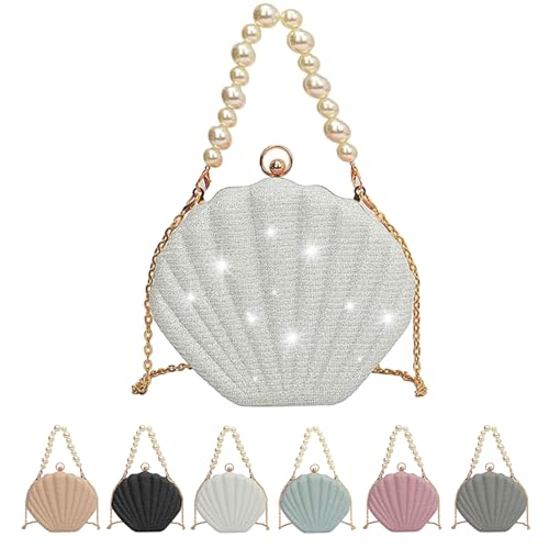 CXINLky Muscheltasche, Tasche Pailletten, Muschel Tasche Damen, Tasche Glitzer Schöne Shell Perle Crossbody Schulter Glänzend Abendtasche, Perle Shell Handtasche, Glitzer Tasche-B-Weiß von CXINLky