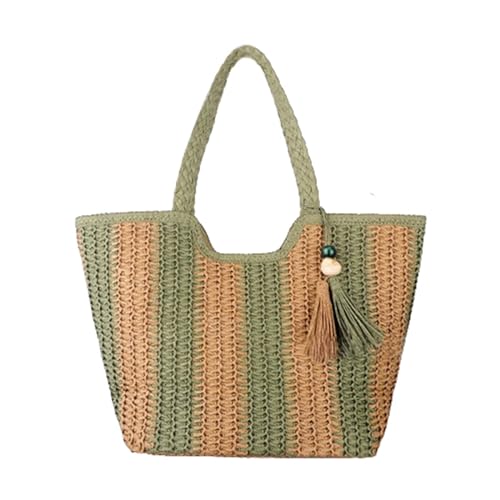 CXINLky Strohtasche Damen Gestreifte Stroh Umhängetasche, Sommer Groß Stroh Shopper Gewebte Strandtasche Mit Quastenanhänger Handgewebte Straw Handtasche für Strand Reise Outdoor-Grün von CXINLky