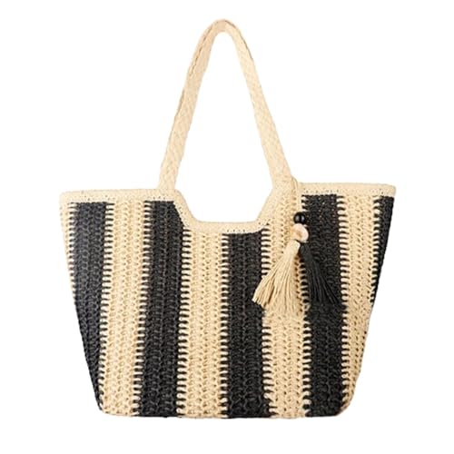 CXINLky Strohtasche Damen Gestreifte Stroh Umhängetasche, Sommer Groß Stroh Shopper Gewebte Strandtasche Mit Quastenanhänger Handgewebte Straw Handtasche für Strand Reise Outdoor-Schwarz von CXINLky