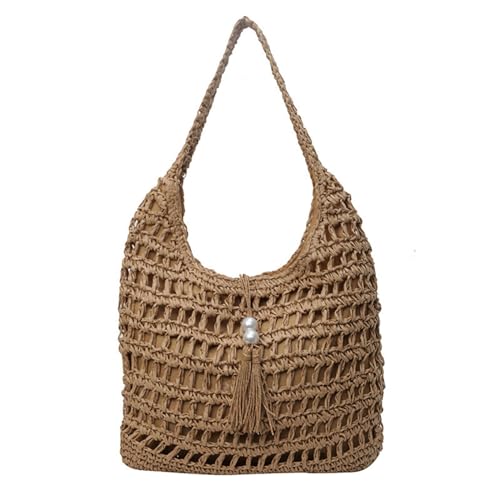 CXINLky Strohtasche Damen Stroh Umhängetasche, Sommer Groß Stroh Shopper mit Quastenanhänger, Gewebte Strandtasche Tragbare Handgewebte Straw Handtasche für Strand Reise Outdoor-Khaki von CXINLky