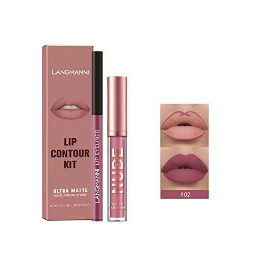 Lip Gloss Lip Liner Combo Set, flüssiger Lippenstift, matter Lippenstift, Antihaft-Lippenglanz, professioneller Lippenstift (02#) von CXLEYII
