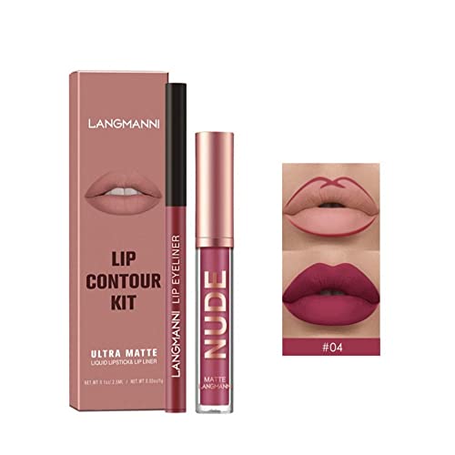 Lip Gloss Lip Liner Combo Set, flüssiger Lippenstift, matter Lippenstift, Antihaft-Lippenglanz, professioneller Lippenstift (04#) von CXLEYII