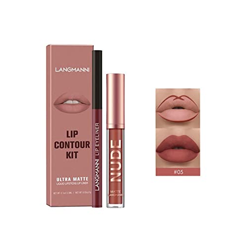 Lip Gloss Lip Liner Combo Set, flüssiger Lippenstift, matter Lippenstift, Antihaft-Lippenglanz, professioneller Lippenstift (05#) von CXLEYII