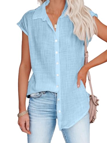 Bluse Damen Sommer Leinenbluse Kurzarm V-Ausschnitt Musselin Bluse Oberteile Button Down Leinenhemd Revers Kragen Arbeit Blusenshirt Elegant Baumwolle Leinen Shirt von CXMSYY