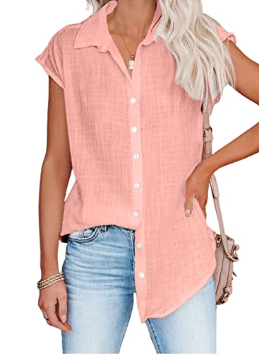 Bluse Damen Sommer Leinenbluse Kurzarm V-Ausschnitt Musselin Bluse Oberteile Button Down Leinenhemd Revers Kragen Arbeit Blusenshirt Elegant Baumwolle Leinen Shirt von CXMSYY