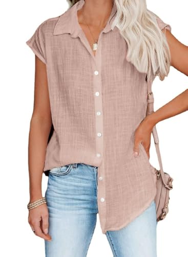 Bluse Damen Sommer Leinenbluse Kurzarm V-Ausschnitt Musselin Bluse Oberteile Button Down Leinenhemd Revers Kragen Arbeit Blusenshirt Elegant Baumwolle Leinen Shirt von CXMSYY
