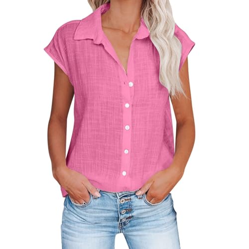 Bluse Damen Sommer Leinenbluse Kurzarm V-Ausschnitt Musselin Bluse Oberteile Button Down Leinenhemd Revers Kragen Arbeit Blusenshirt Elegant Baumwolle Leinen Shirt von CXMSYY