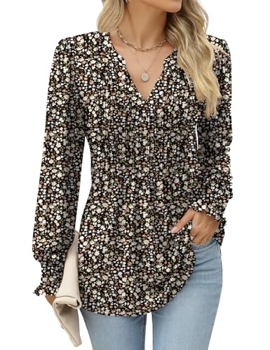 Damen Bluse Elegant Henley V-Ausschnitt Langarm Blusenshirt Blumenmuster Tunika Oberteile Herbst Locker Plissee Pullover Langarmshirt Puffärmel Longshirt Lässig Für Leggings Damen Bluse Elegant Henley V-Ausschnitt Langarm Blusenshirt Blumenmuster Tunika Oberteile Herbst Locker Plissee Pullover Langarmshirt Puffärmel Longshirt Lässig Für Leggings von CXMSYY