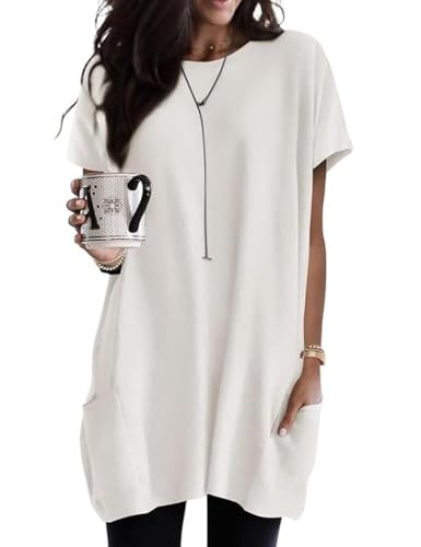 Tshirt Damen Kurzarm Longshirt Rundhals Tunika Damen Sommer Elegant Lockere Lang Oberteile Oversize Einfarbig T Shirt Casual Basic Bluse mit Tasche Tshirt Damen Kurzarm Longshirt Rundhals Tunika Damen Sommer Elegant Lockere Lang Oberteile Oversize Einfarbig T Shirt Casual Basic Bluse mit Tasche von CXMSYY