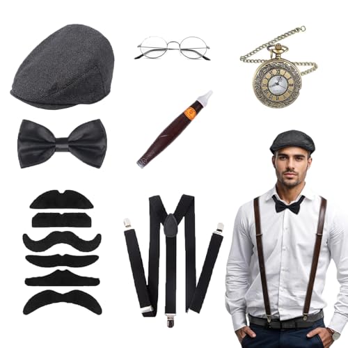 CXNXFD 1920er Jahre Accessoires für Männer Roaring Grandpa Vintage Accessoires Set mit Gangster Hut Fliege Taschenuhr Hosenträger Glas Bart Gatsby Accessoires Set für Gangster Krawatte Motto Party Fan von CXNXFD