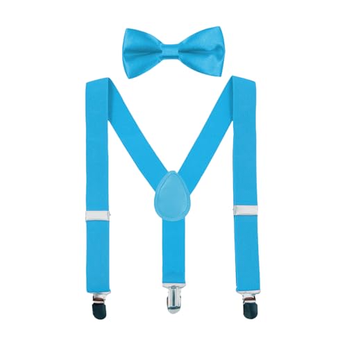 CXNXFD Kinder Hosenträger Fliege Set, Kinder-Hosenträger mit Elastischer Y-Form Verstellbar mit Clips (Himmelblau) von CXNXFD