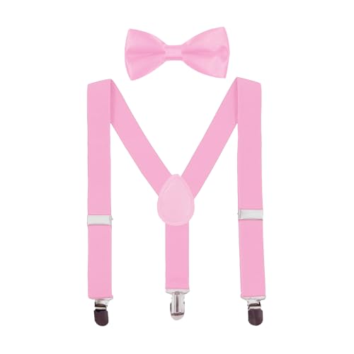 CXNXFD Kinder Hosenträger Fliege Set, Kinder-Hosenträger mit Elastischer Y-Form Verstellbar mit Clips (Rosa) von CXNXFD