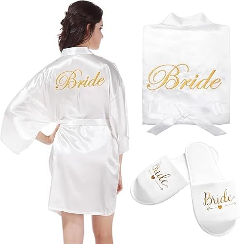 CXWFLM Bride Morgenmantel Damen Bademantel Satin Kimono V Ausschnitt Nachtwäsche mit Hausschuhe für Hochzeit JGA Partydeko von CXWFLM