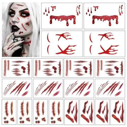 Halloween Gruselige Narben Aufkleber Set - 20 realistische Falsche-Wunde-Tattoos für Erwachsene & Kinder | 3D-Effekt | Wasserabweisend | Einfach anzubringen & zu entfernen von CYBIONE