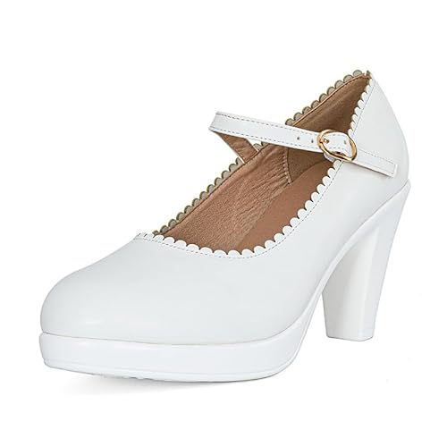 CYBLING Mary Jane Damen-Pumps mit hohen Absätzen, spitz, geschlossener Zehenbereich, Knöchelriemen, Kleid, B-pu-weiß, 37.5 EU von CYBLING