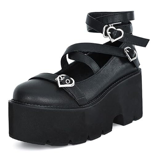 Damen Plateau Mary Jane Schuhe Vintage Runde Zehen Schnalle Riemen Casual Slip on Walking Schuhe, Black_b, 35 EU von CYBLING