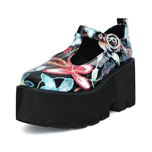 Damen Plateau Mary Jane Schuhe Vintage Runde Zehen Schnalle Riemen Casual Slip on Walking Schuhe, Black_flower1, 38.5 EU von CYBLING