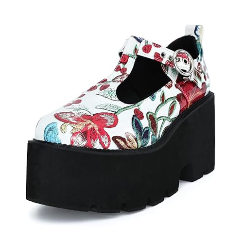 Damen Plateau Mary Jane Schuhe Vintage Runde Zehen Schnalle Riemen Casual Slip on Walking Schuhe, Black_flower2, 41 EU von CYBLING