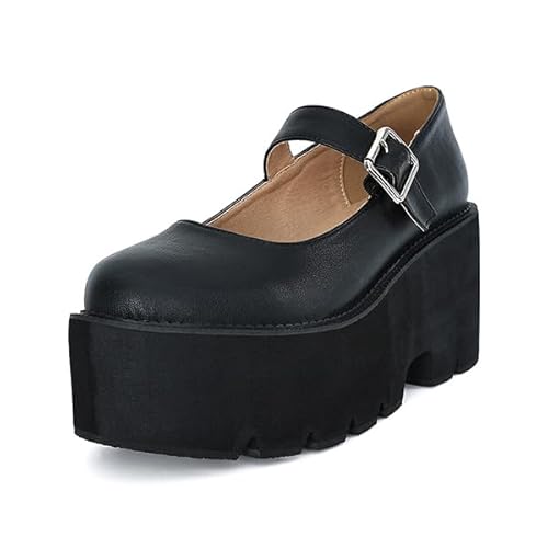 Damen Plateau Mary Jane Schuhe Vintage Runde Zehen Schnalle Riemen Casual Slip on Walking Schuhe, Schwarz_C, 35 EU von CYBLING