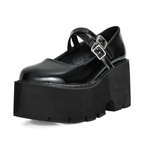 Damen Plateau Mary Jane Schuhe Vintage Runde Zehen Schnalle Riemen Casual Slip on Walking Schuhe, Schwarz_D, 36 EU von CYBLING