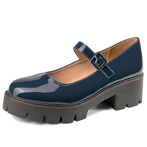 Mary Janes Pumps für Damen, runde Zehenpartie, Knöchelriemen, Plateau, niedriger Absatz, klobige Pumps, Oxford-Kleiderschuhe, Marineblau, 42 EU von CYBLING