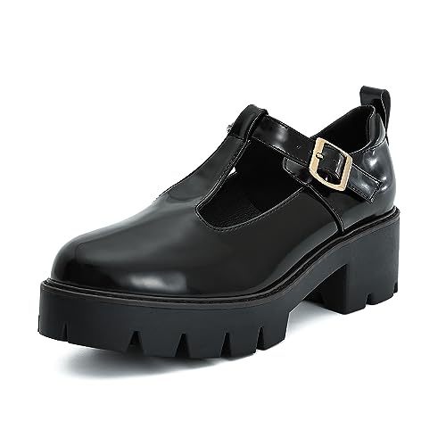 Mary Janes Pumps für Damen, runde Zehenpartie, Knöchelriemen, Plateau, niedriger Absatz, klobige Pumps, Oxford-Kleiderschuhe, Schwarz_8, 36 EU von CYBLING