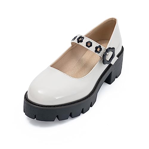Mary Janes Pumps für Damen, runde Zehenpartie, Knöchelriemen, Plateau, niedriger Absatz, klobige Pumps, Oxford-Kleiderschuhe, Weiß-2, 41 EU von CYBLING