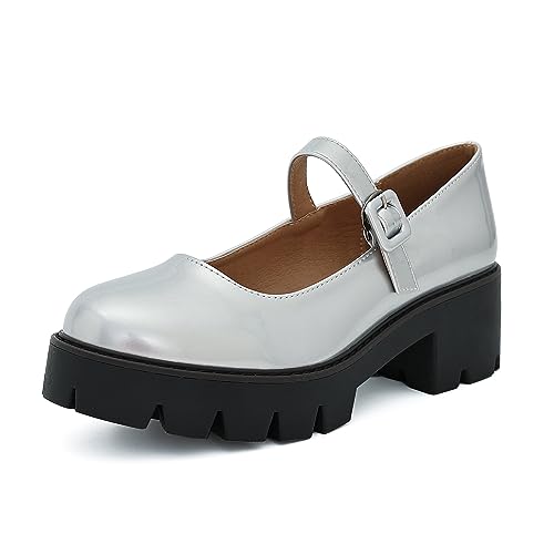 Mary Janes Pumps für Damen, runde Zehenpartie, Knöchelriemen, Plateau, niedriger Absatz, klobige Pumps, Oxford-Kleiderschuhe, silber, 41 EU von CYBLING