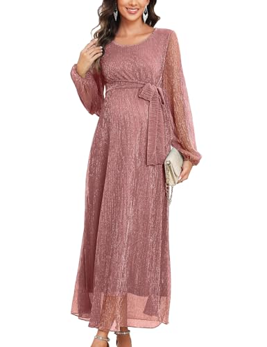 CYCLAMEN 2025 Umstandskleid, glitzerndes Netz-Maxikleid, lange Ärmel, langes, fließendes Schwangerschaftskleid mit Gürtel, Babyparty, formell, Pflaume, Groß von CYCLAMEN