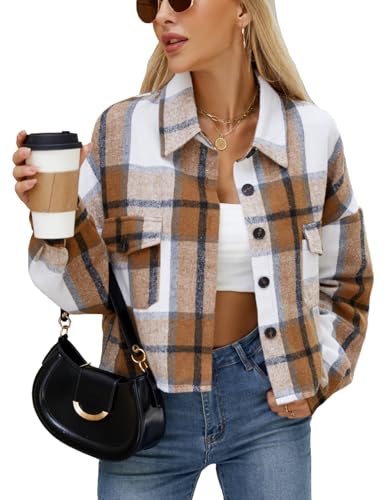 CYCLAMEN Damen Flanell Plaid Cropped Shacket Jacke Langarm Button Down Crop Shirt Mantel Herbst Mode Casual Outfits, Braun, Klein von CYCLAMEN