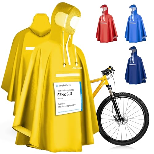 Regenponcho Fahrrad extra wasserdicht und robust - TEST SEHR GUT - Premium Regencape Fahrrad mit Reflektoren, Sichtfenster - Regenbekleidung als Regenponcho Herren und Damen - Regenjacke Gelb in M von CYCLEHERO