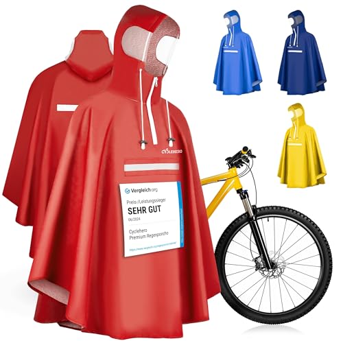 Regenponcho Fahrrad extra wasserdicht und robust - TEST SEHR GUT - Premium Regencape Fahrrad mit Reflektoren, Sichtfenster - Regenbekleidung als Regenponcho Herren und Damen - Regenjacke Rot in XL von CYCLEHERO