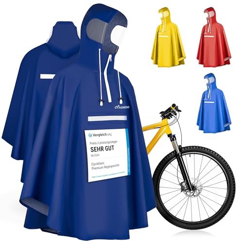 Regenponcho Fahrrad extra wasserdicht und robust - TEST SEHR GUT - Premium Regencape Fahrrad mit Reflektoren, Sichtfenster - Regenbekleidung als Regenponcho Herren und Damen- Regenjacke Dunkelblau XL von CYCLEHERO