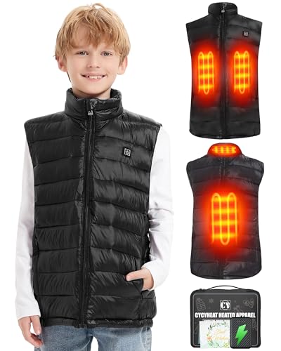Beheizbare Weste Kinder mit Powerbank USB 5V 10000mAh - Heizweste für Jungen und Mädchen Mantel, Wiederaufladbare Warmende weste Beheizbare Kleidung zum Skifahren mit 3 Heizzone und 3 Stufen Temperatu von CYCYHEAT