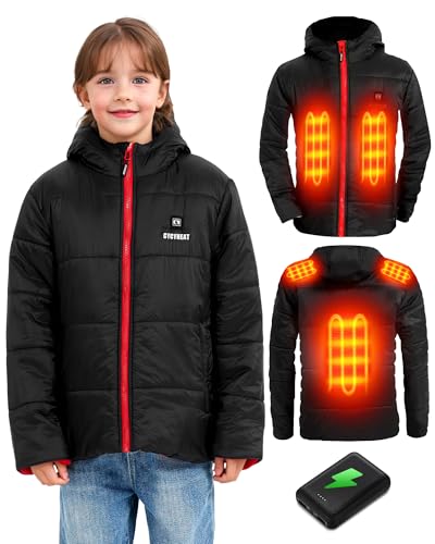 CYCYHEAT Beheizbare Jacke Kinder mit Powerbank 10000mAh 7,4V-Jungen und Mädchen Heizjacken with Kapuze Winterjacke beheizte Kleidung zum Skifahren mit 3 Heizzone und 3 Stufen Temperatu (DE/NL/SE von CYCYHEAT