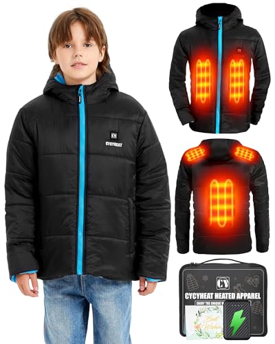 CYCYHEAT Beheizbare Jacke Kinder mit Powerbank 10000mAh 7,4V-Jungen und Mädchen Heizjacken with Kapuze Winterjacke beheizte Kleidung zum Skifahren mit 3 Heizzone und 3 Stufen Temperatu (DE/NL/SE von CYCYHEAT