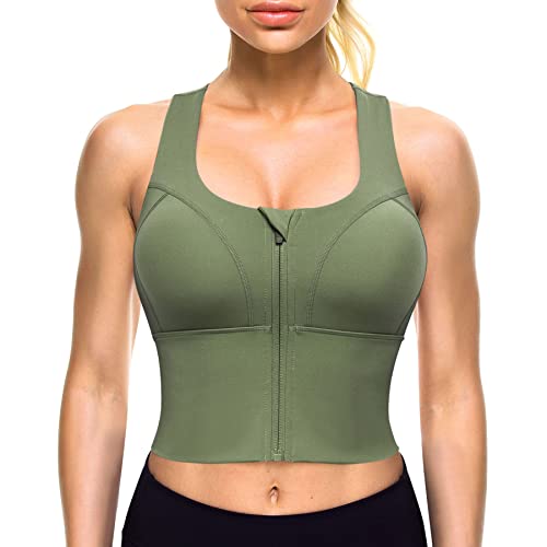 CYDREAM Langer Sport-BH mit Reißverschluss vorne, für Frauen, gepolstertes Bauch-Tanktop, Criss Cross Back Support Fitness Yoga Workout Shirts, Grün , Medium von CYDREAM