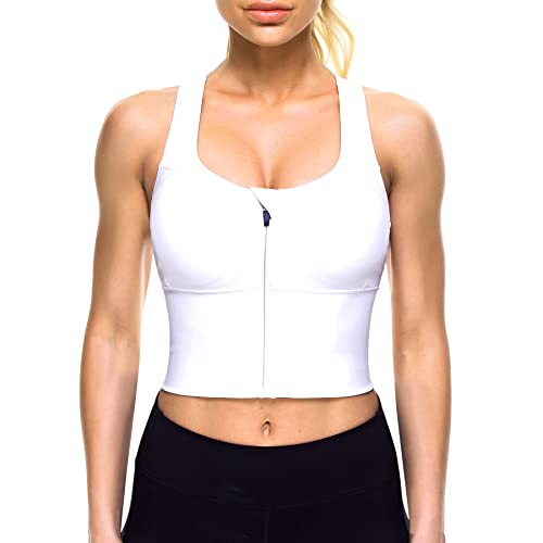 CYDREAM Langer Sport-BH mit Reißverschluss vorne, für Frauen, gepolstertes Bauch-Tanktop, Criss Cross Back Support Fitness Yoga Workout Shirts, Weiß, X-Large von CYDREAM