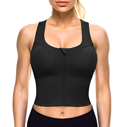 CYDREAM Langer Sport-BH mit Reißverschluss vorne, für Frauen, gepolstertes Bauch-Tanktop, Criss Cross Back Support Fitness Yoga Workout Shirts, schwarz, XX-Large von CYDREAM